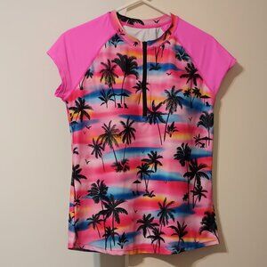 EUC ~ Women's Half-Zip Tropical Print Swim Top with Built-in Bra (Size: Large)